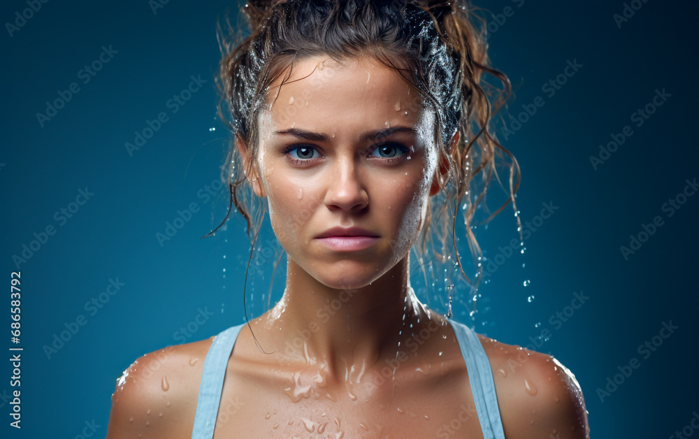 A woman is standing completely soaked, against a blue background