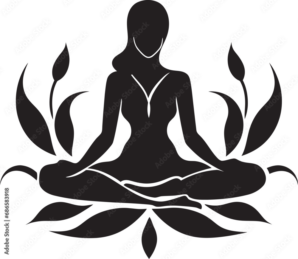 Tranquil Triad Yoga Woman Emblem in Vector Cosmic Calm Black Logo with Yoga Woman Silhouette