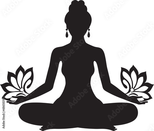 Cosmic Calm Black Logo with Yoga Woman Silhouette Mindful Motion Yoga Pose Woman Vector Icon