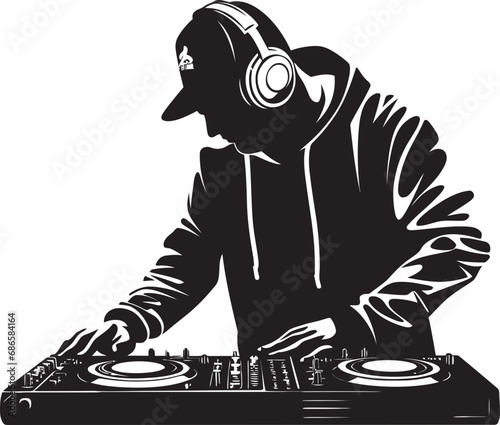 Spin Symphony Black DJ Man Vector Logo Magic Nocturnal Groove DJ Player Icon in Black Vector
