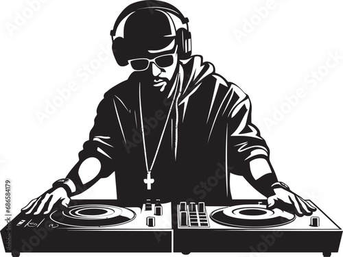 Beat Noir Black DJ Vector Logo Brilliance Sonic Silhouette DJ Player Icon in Cool Black
