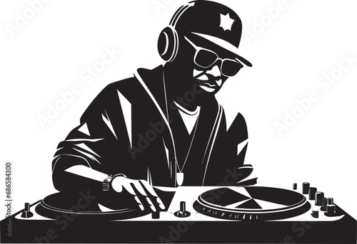 Rhythm Reverie DJ Player Vector in Black Brilliance Urban Beats Cool DJ Man Black Vector Logo