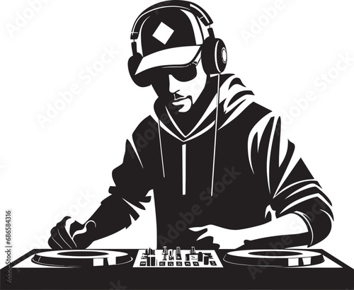 Spin Symphony Black DJ Man Vector Logo Magic Nocturnal Groove DJ Player Icon in Black Vector