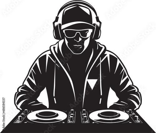 Nocturnal Groove DJ Player Icon in Black Vector Vector Vortex Cool DJ Player Man in Black