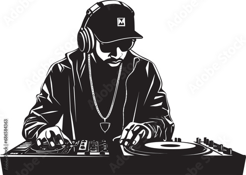 Nocturnal Groove DJ Player Icon in Black Vector Vector Vortex Cool DJ Player Man in Black