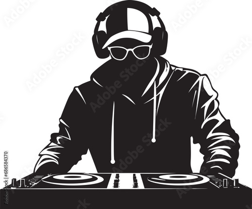 Spin Symphony Black DJ Man Vector Logo Magic Nocturnal Groove DJ Player Icon in Black Vector