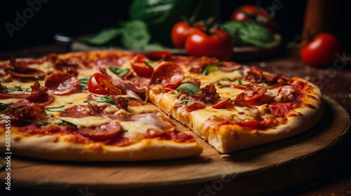 pizza on table. closed up and selective focus. food design for menu and recipe