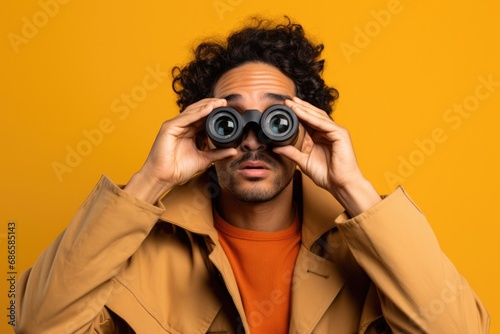 Portrait of Young Hispanic Man Looking through Binoculars with a Confident Expression over Isolated Background