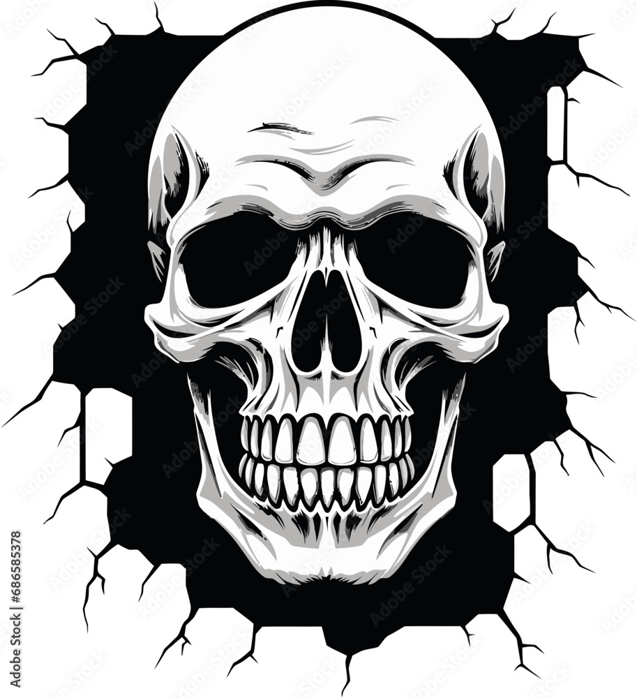 Fototapeta premium Cryptic Crevice Cracked Wall Skull Icon Vector Surreptitious Specter Black Skull in Wall Crack Logo