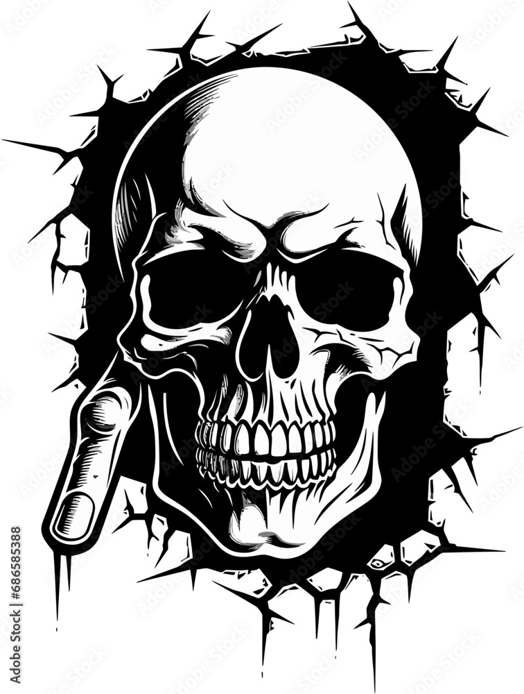 Obraz premium Mystic Masonry Skull in Cracked Wall Icon Design Wallflower Wraith Black Skull Vector in Cracked Wall