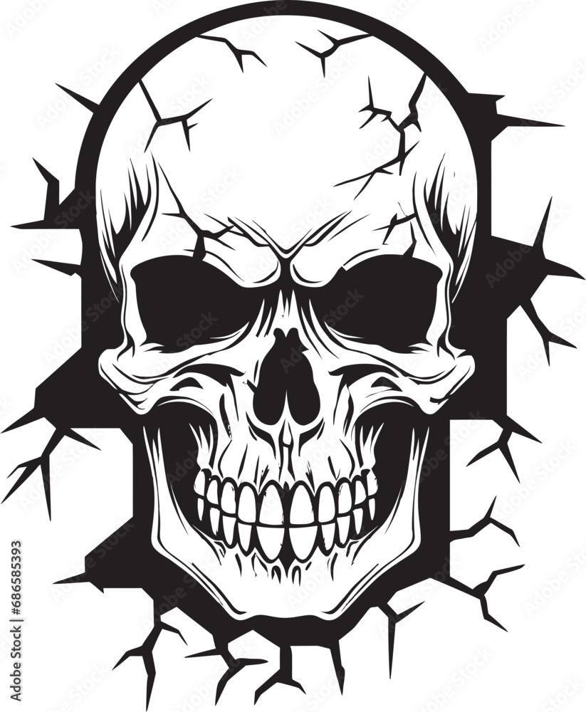 Fototapeta premium Ephemeral Fissure Black Logo with Peeping Skull Cryptic Crevice Cracked Wall Skull Icon Vector