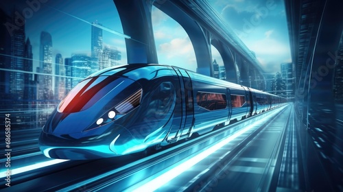 Futuristic Train in High-Speed Motion. Monorail Train Network in a Modern City Tunnel. 3D Rendering Technology for an Abstract & Fast Experience photo