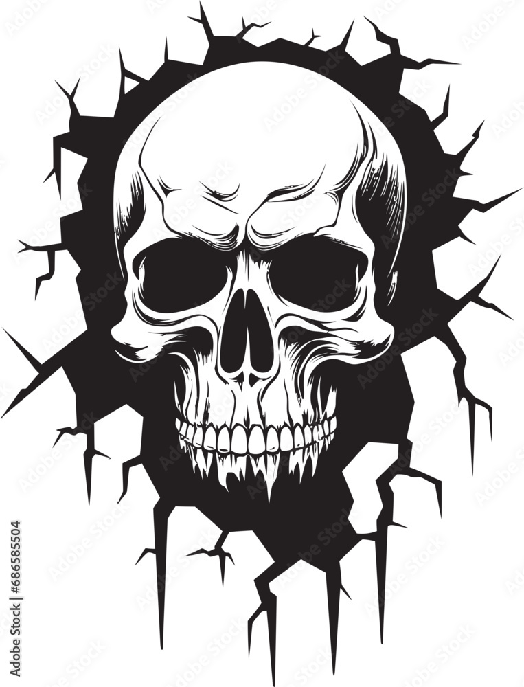 Obraz premium Hidden Havoc Cracked Wall Skull Vector Emblem Obsidian Observer Black Logo with Skull Peeking from Wall
