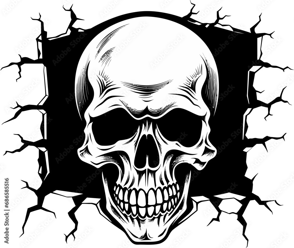 Obraz premium Shadowy Secret Black Skull in Cracked Wall Insignia Cryptic Canyon Peeping Skull from Cracked Wall Vector