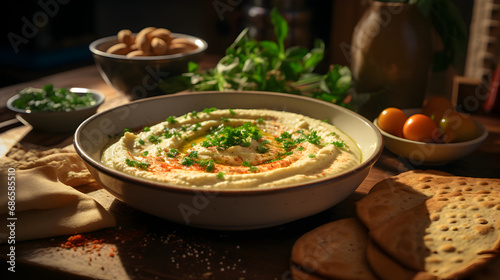 hummus recipe based on served on bowel. Vegan chickpea hummus with chia seeds and parsley. Traditional vegan chickpea hummus garnished with parsley olive oil and chia seeds. Vegan diet superfood.