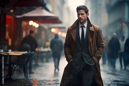 Man in a trench coat walking down a city street photo