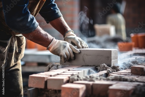 Laying Bricks for a DIY Barbecue. Professional Bricklayer at Industrial Site Building Cement BBQ Pit with Spatula and Level.