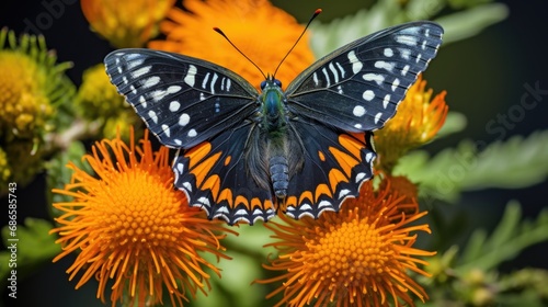Baltimore Checkerspot Butterfly on Green Flower. Macro Shot of Beautiful Orange Winged Insect in Garden Nature