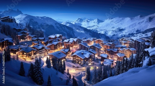 Clear and Bright Night in Courchevel 1850. Christmas Vibes in Cold December Climate. Close-up Shot of Snowy chalet on a Cool Winter Day photo