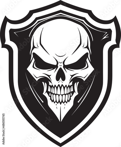 Sentinel Sanctuary Black Shield Emblem with Skull Cryptic Citadel Skull Shield Vector Insignia