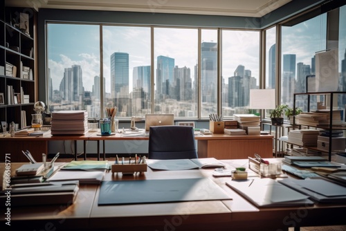 Close-up of a desk in modern office. A lot of papers, closed and open folders with documents, stationery on a large office table. Panoramic windows overlooking the city in the background.