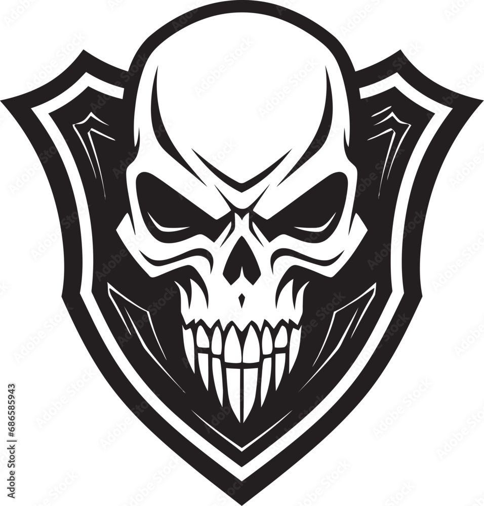 Fototapeta premium Sentinel Skull Black Shield Logo Vector Guardian Grin Skull Emblem in Shield Design