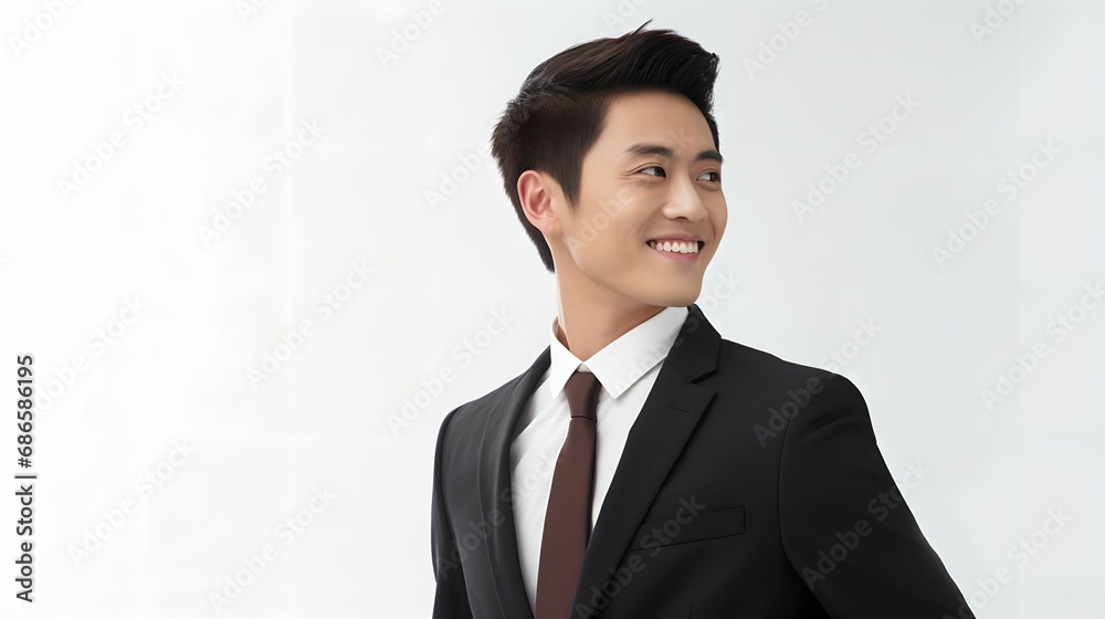 Happy Asian Businessman Close-Up, young Asian businessman, suit, left edge, white studio background