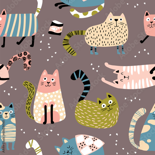 Cats seamless pattern. Funny characters in different poses. Nursery vector hand-drawn illustration in simple Scandinavian style. Pastel palette ideal for printing baby textiles, fabrics.