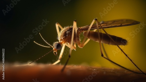 Macro shot of a mosquito perched on human skin, interaction between the insect and the skin's surface. Close encounter between these two elements in a unique and intimate perspective. © Ilia