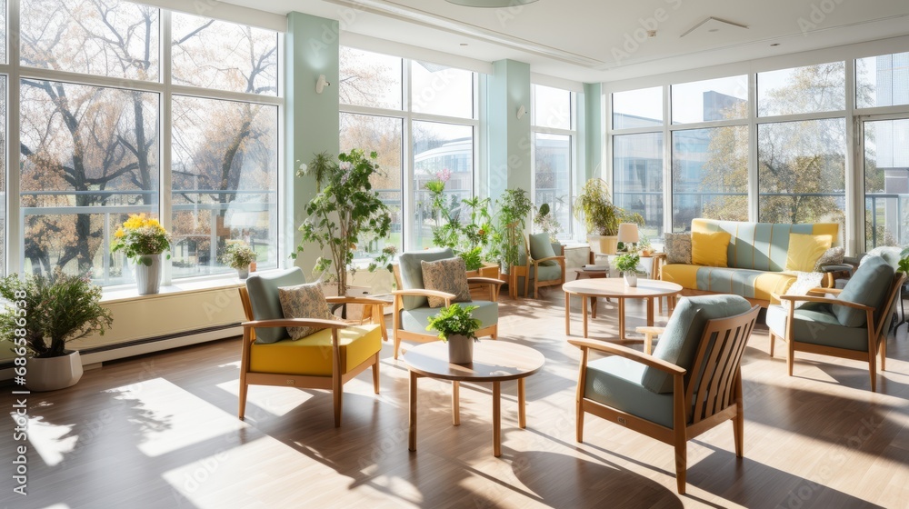 Relaxation room in a modern hospital with comfortable armchairs. A cozy, bright, comfortable premises in a modern clinic with indoor plants, where patients can relax or chat with visiting relatives.