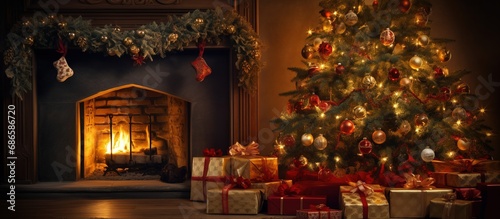 Christmas living area Presents under lit tree with fire
