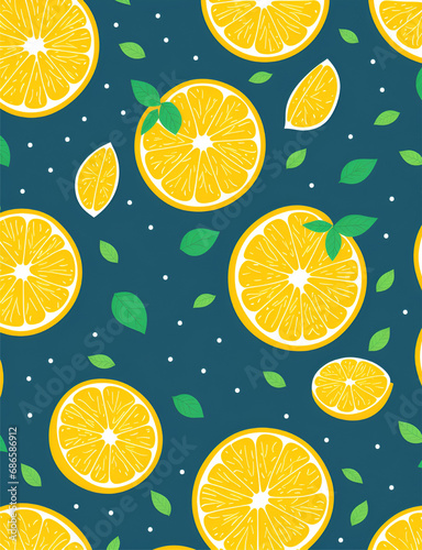 Seamless pattern of citrus fruit and leaves on a blue background