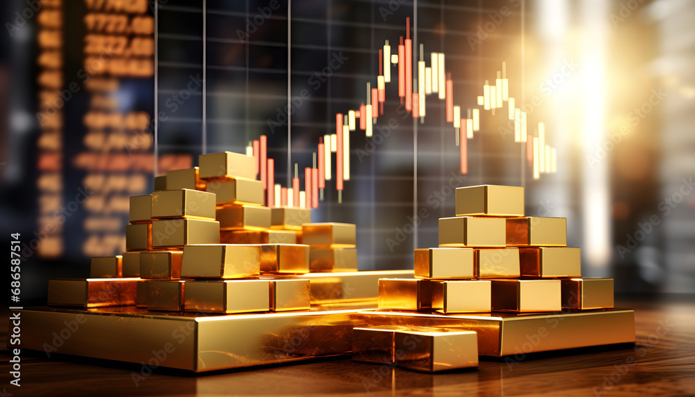Gold bar stack and investment stock graph business concept on gold particles background with growth financial money exchange chart coin treasure. Generative AI Gold bar stack and investment stock graph business concept on gold particles background with growth financial money exchange chart coin treasure. Generative AI