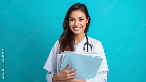 Smiling female doctor holding medical records, one Color background , copy space made by generative ai