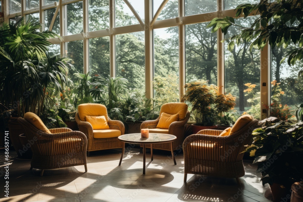 Obraz premium Relaxation room in a modern hospital with comfortable armchairs. A cozy, bright, comfortable premises in a modern clinic with indoor plants, where patients can relax or chat with visiting relatives.