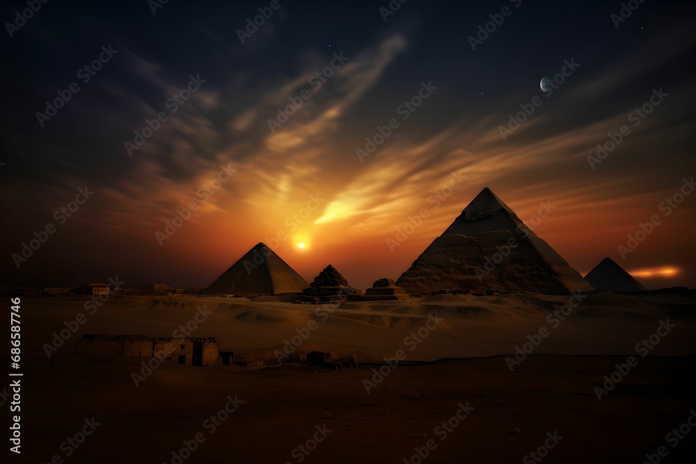 Twilight at the Mystical Pyramids, twilight setting, mystical atmosphere, mystical atmosphere, historical landmark