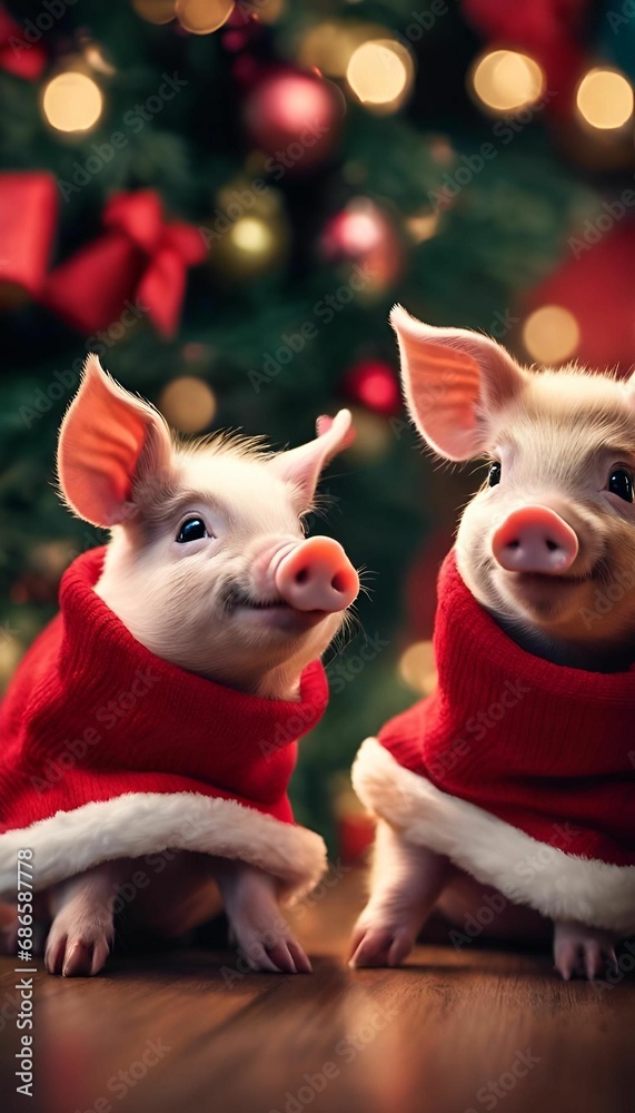 Christmas Background Photo Warm and Cute Christmas Costume Piggy Mini Pigs Christmas Background Photo Warm and Cute Christmas Costume Piggy Mini Pigs