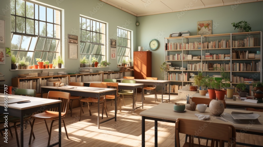 Interior of modern cozy school classroom. Light blue walls, wooden tables and chairs, educational diagrams and graphs on the wall, stationary on the desks, many textbooks in the bookshelves.