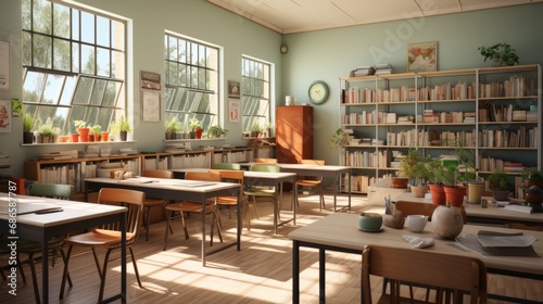 Interior of modern cozy school classroom. Light blue walls, wooden tables and chairs, educational diagrams and graphs on the wall, stationary on the desks, many textbooks in the bookshelves.