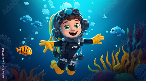 Cute Cartoon Boy Scuba Diver Underwater
