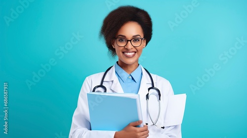 Smiling female doctor holding medical records  one Color background   copy space made by generative ai