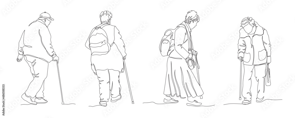 Elderly people set. Walking with canes, 2 women with backpacks. Single line drawing. Black and white vector illustration in line art style.