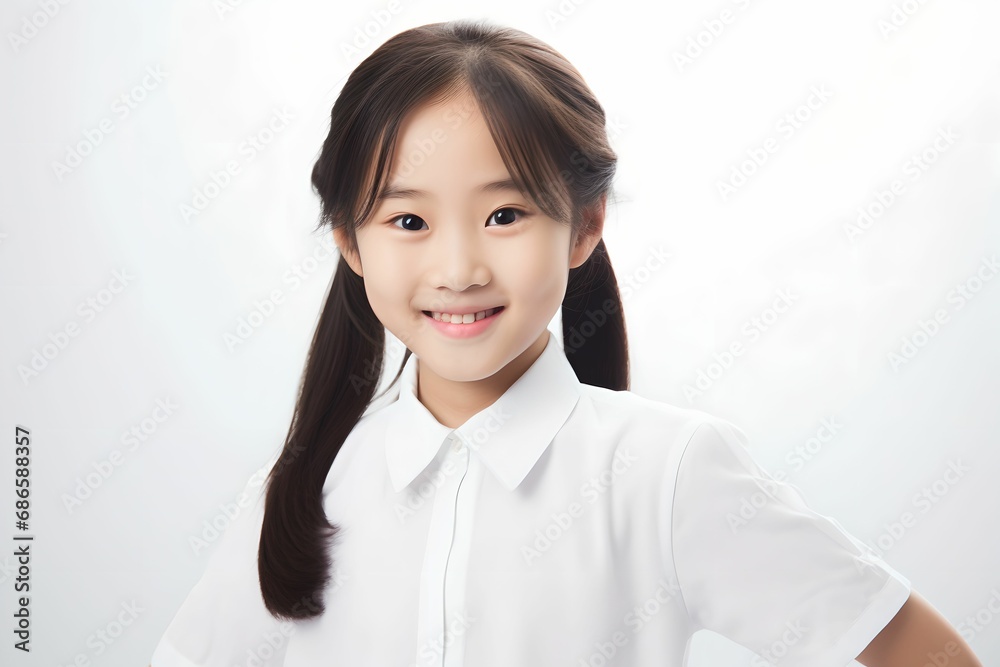 Joyful Asian Schoolgirl Portrait, closeup portrait, young Asian schoolgirl, genuine smile, white background Joyful Asian Schoolgirl Portrait, closeup portrait, young Asian schoolgirl, genuine smile, white background