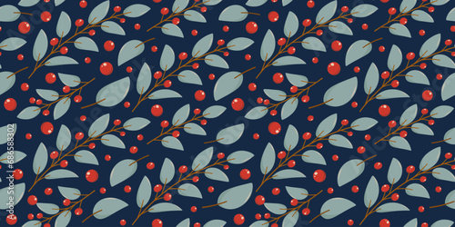 Winter rectangular seamless pattern on blue background with hand drawn christmas berries and leaves in flat vector style. Holiday seasonal floral decoration. For textile, background, wrapper