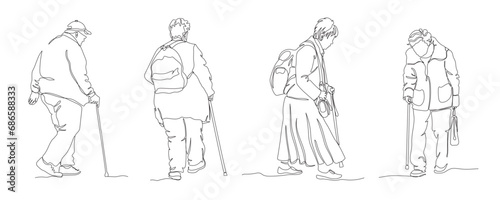 Elderly people set. Walking with canes, 2 women with backpacks. Single line drawing. Black and white vector illustration in line art style.