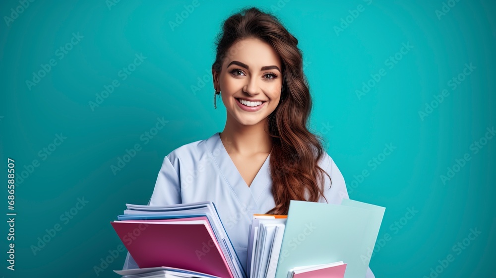 Fototapeta premium Smiling female doctor holding medical records, one Color background , copy space made by generative ai