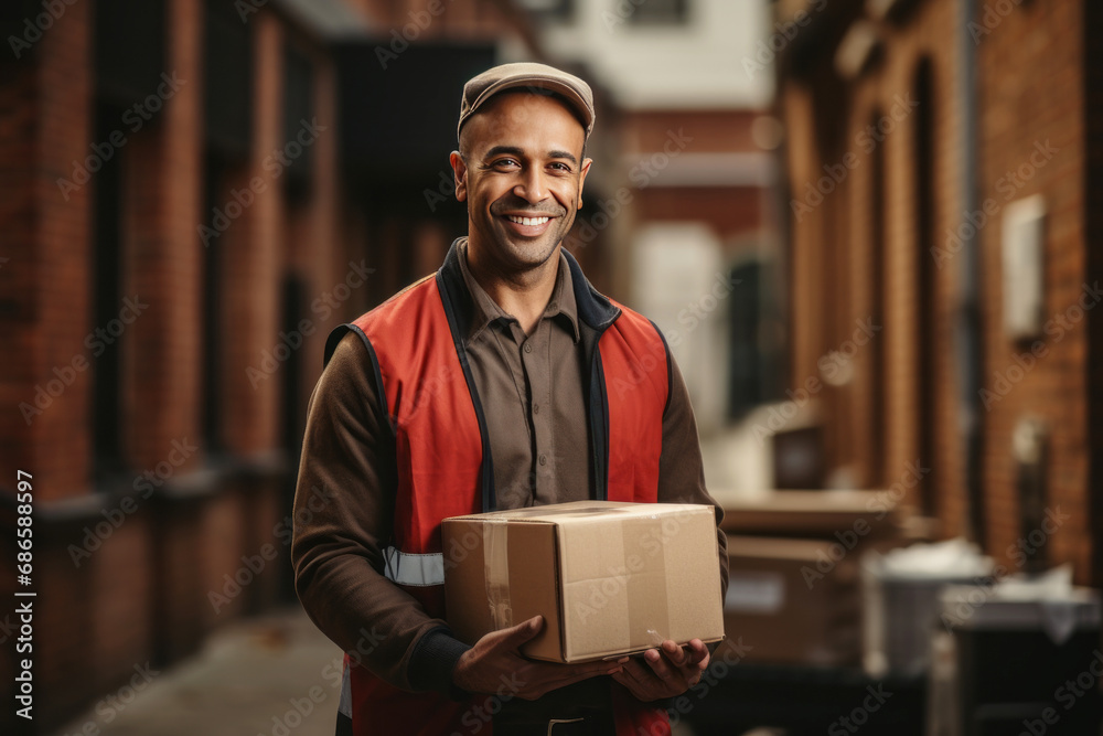 Close-up portrait of male delivery courier with cardboard box in a city street. Smiling positive Caucasian man delivering parcel to a client. Logistic and delivery concept. Close-up portrait of male delivery courier with cardboard box in a city street. Smiling positive Caucasian man delivering parcel to a client. Logistic and delivery concept.