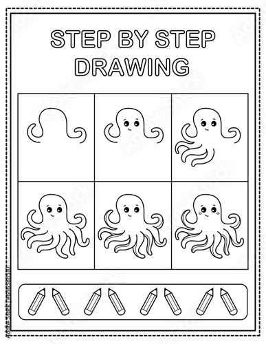 Octopus. Book page, drawing step by step. Black and white vector coloring page. photo