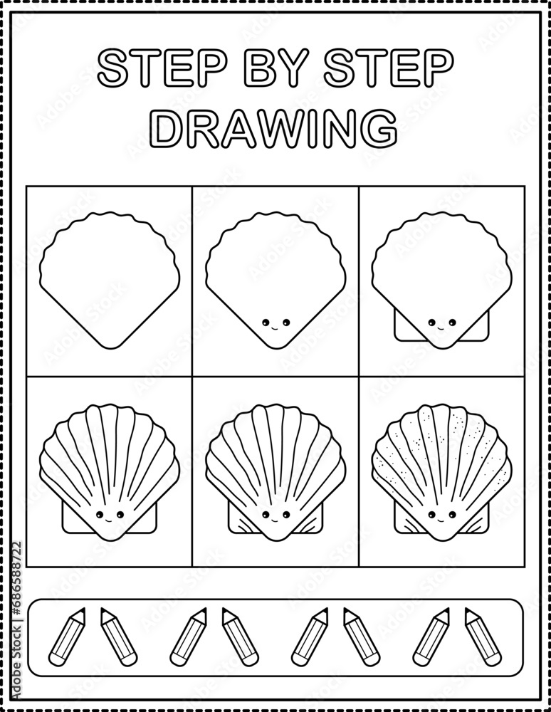 Scallop. Book page, drawing step by step. Black and white vector coloring page.