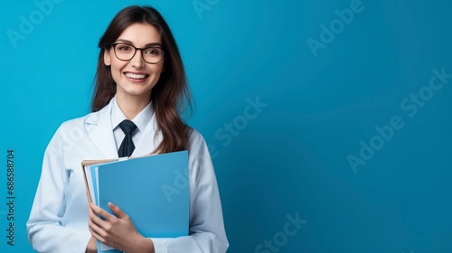 Smiling female doctor holding medical records, one Color background , copy space made by generative ai